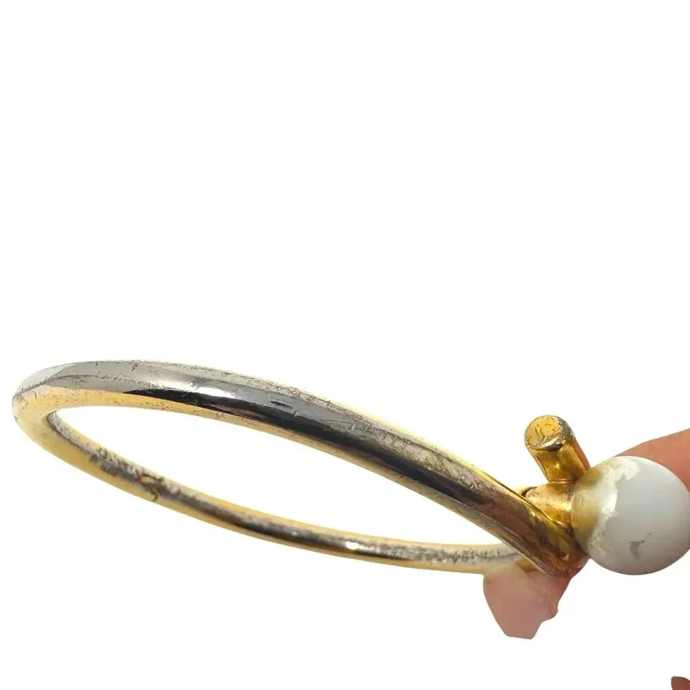 Celine Paris Vintage Gold Tone White Ball Hinged Bangle Bracelet Archive Italy